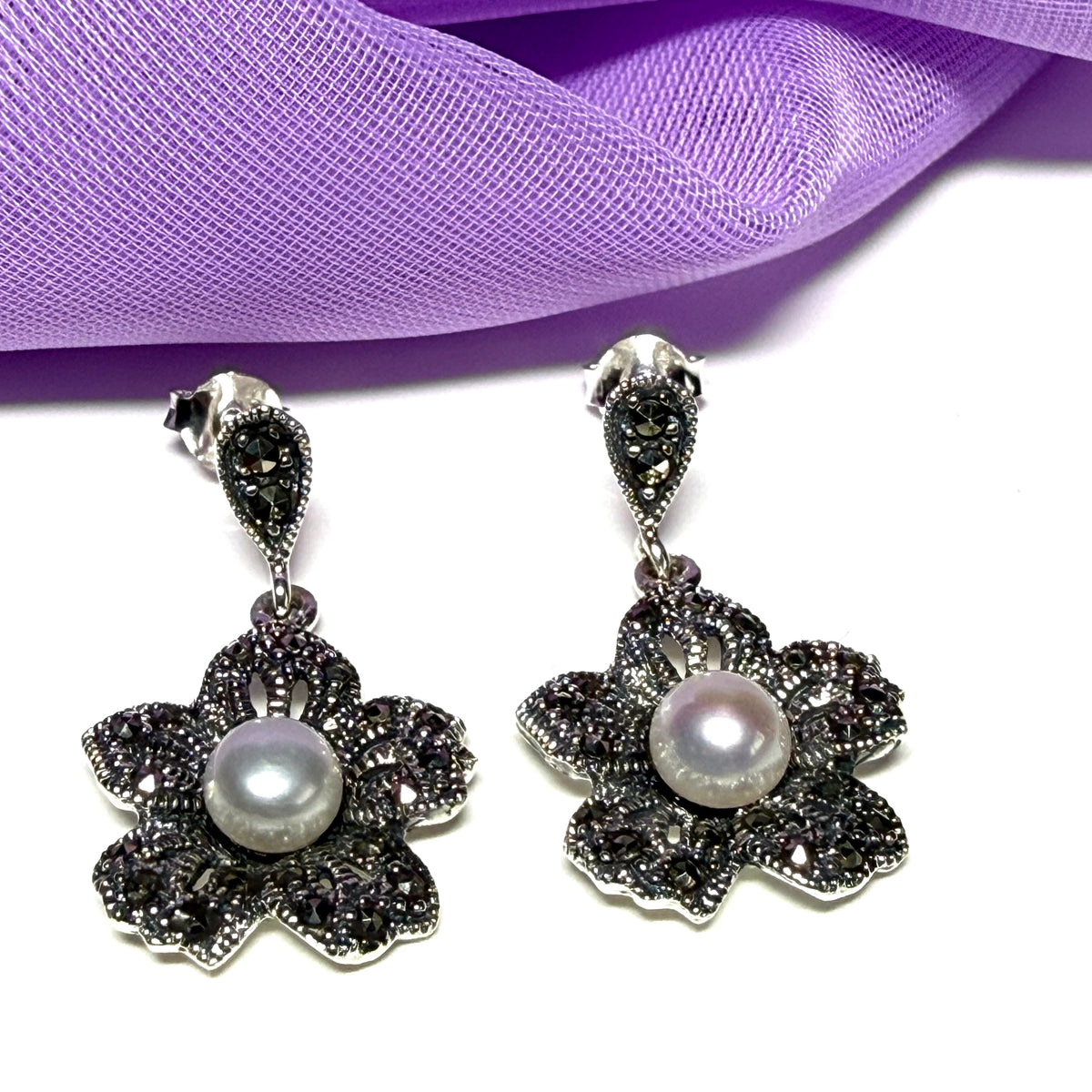 Earrings real marcasite and real freshwater cultured pearl flower shaped sterling silver