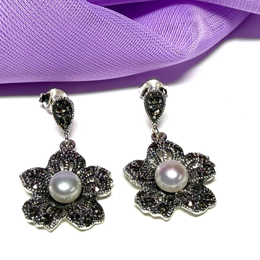 Earrings real marcasite and real freshwater cultured pearl flower shaped sterling silver