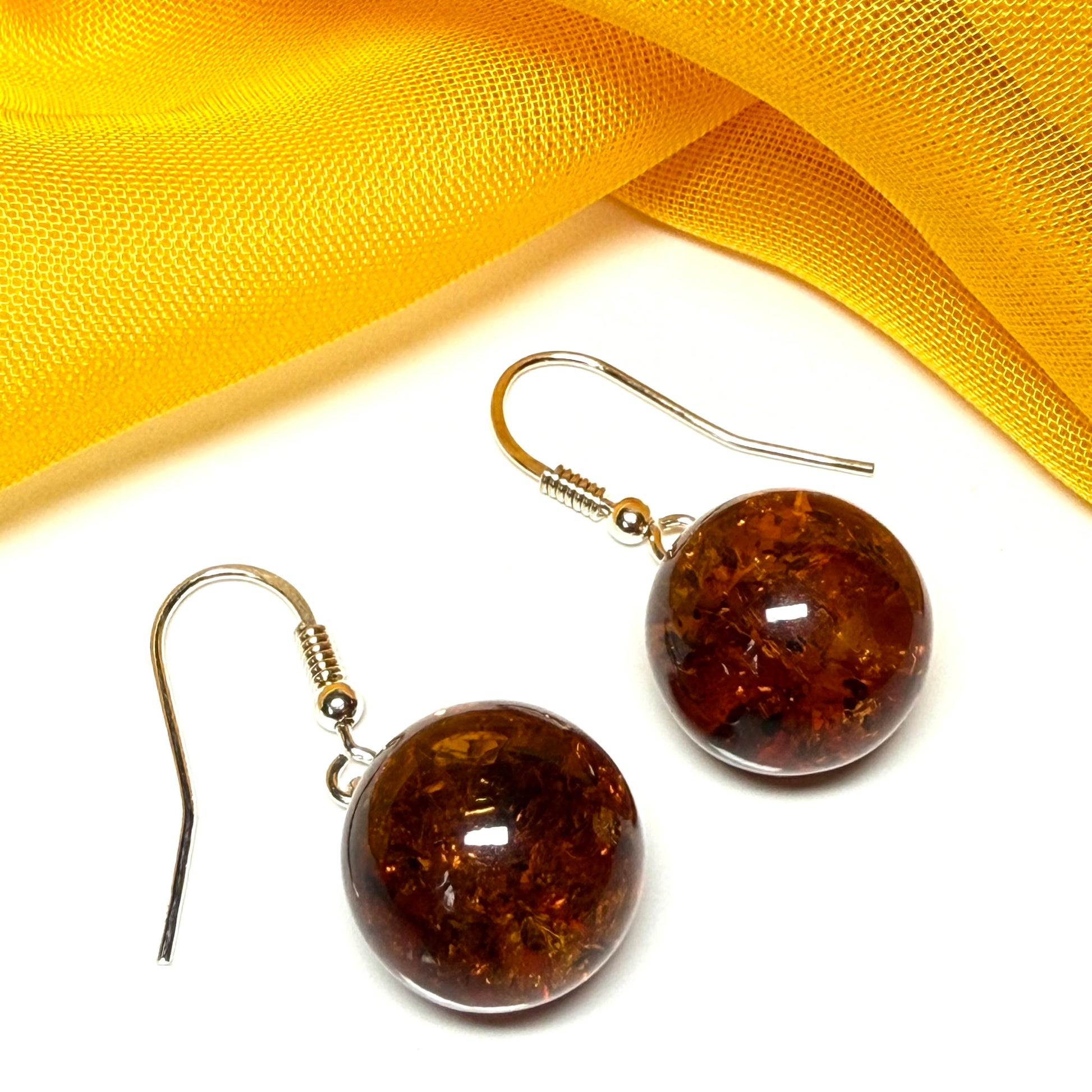 Earrings orange real amber round ball shaped drop open sterling silver