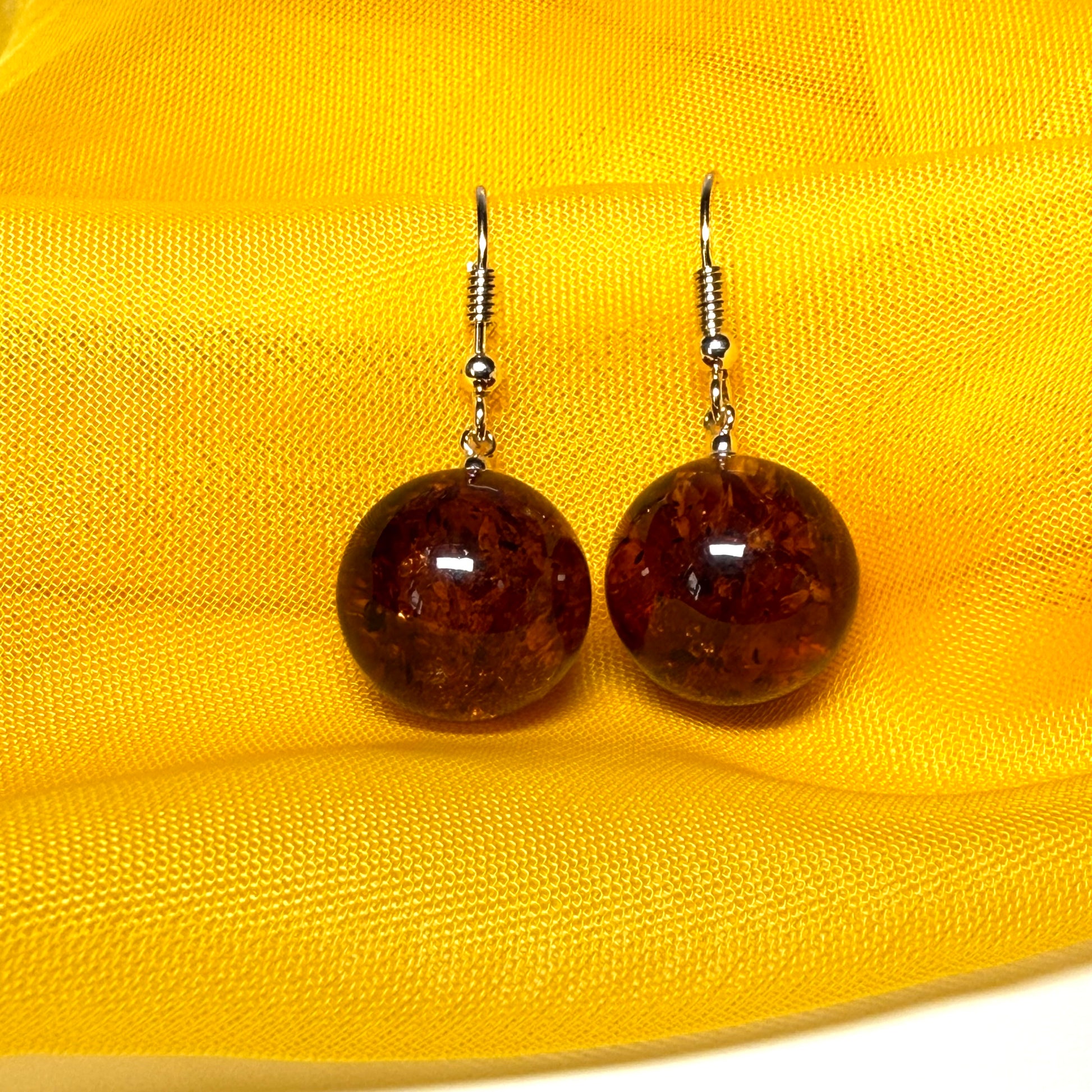Earrings orange real amber round ball shaped drop open sterling silver
