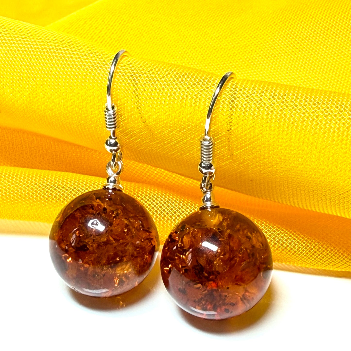 Earrings orange real amber round ball shaped drop open sterling silver