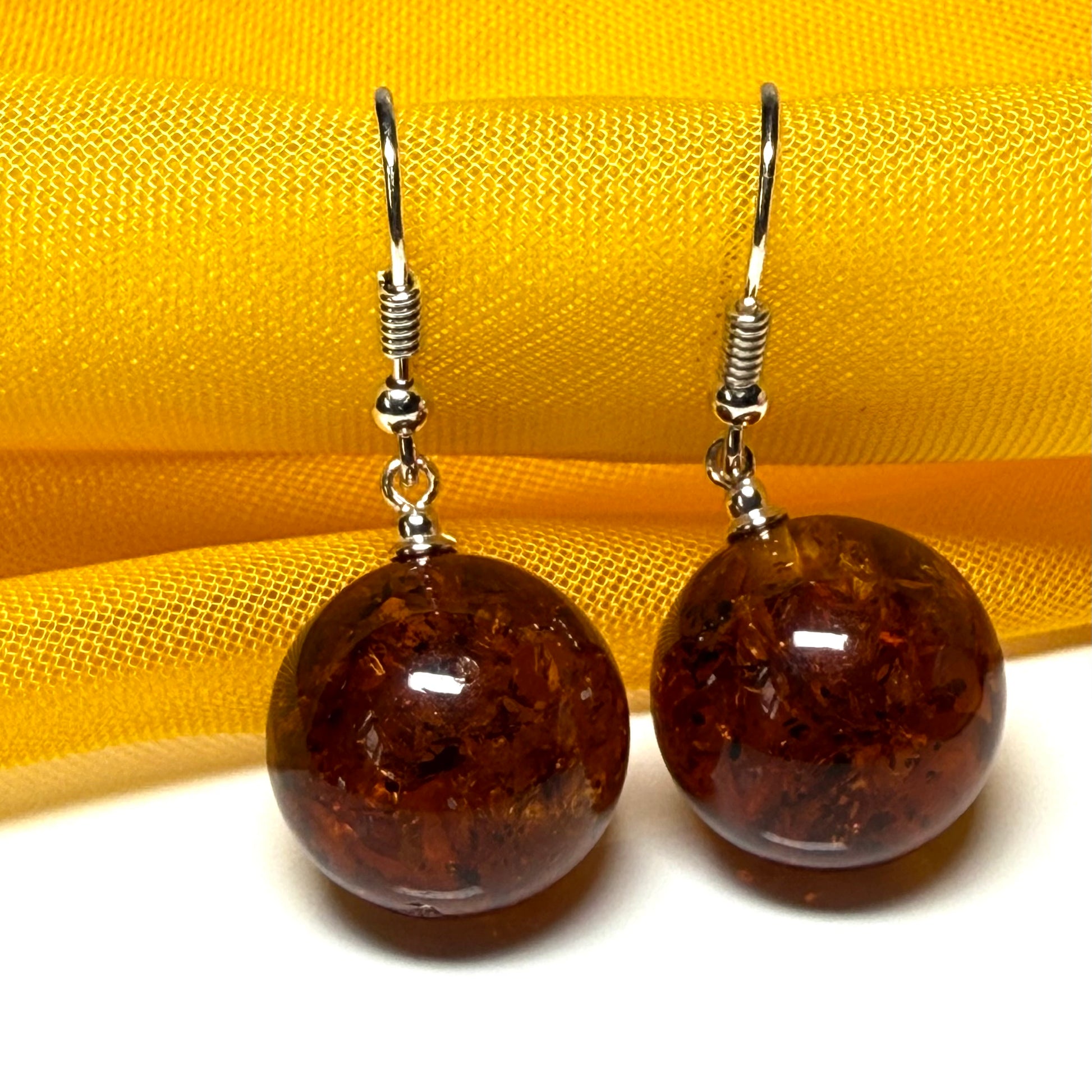 Earrings orange real amber round ball shaped drop open sterling silver