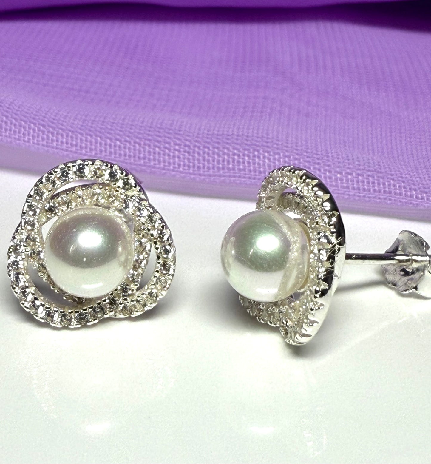 Earrings real freshwater pearl and cubic zirconia trefoil designed sterling silver
