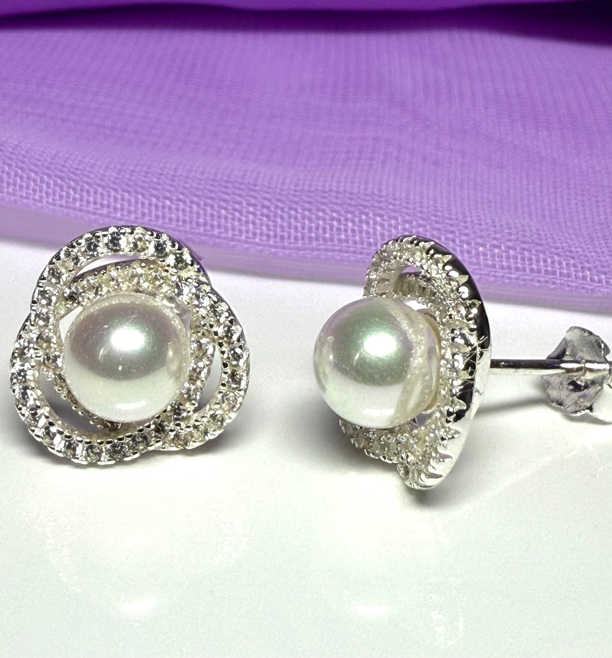 Earrings real freshwater pearl and cubic zirconia trefoil designed sterling silver