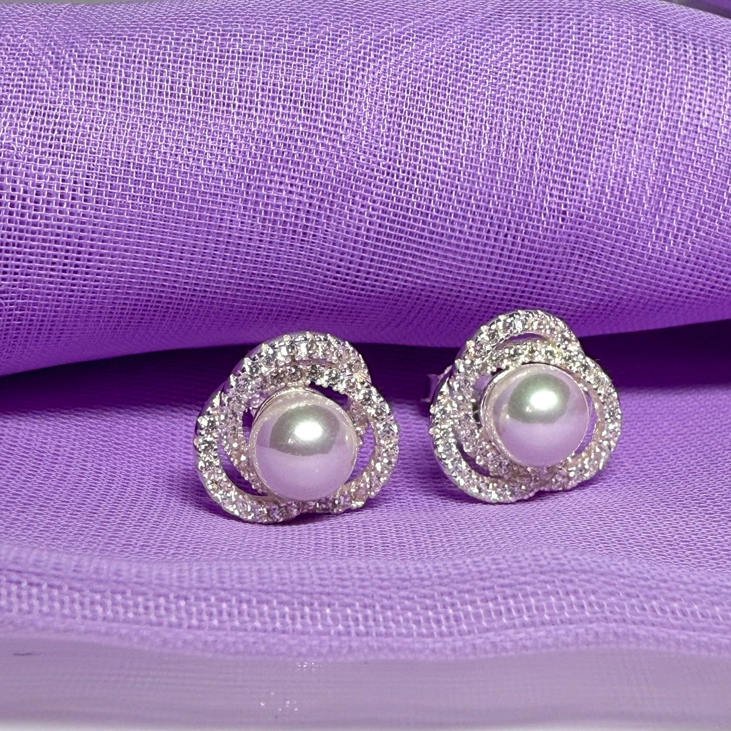 Earrings real freshwater pearl and cubic zirconia trefoil designed sterling silver