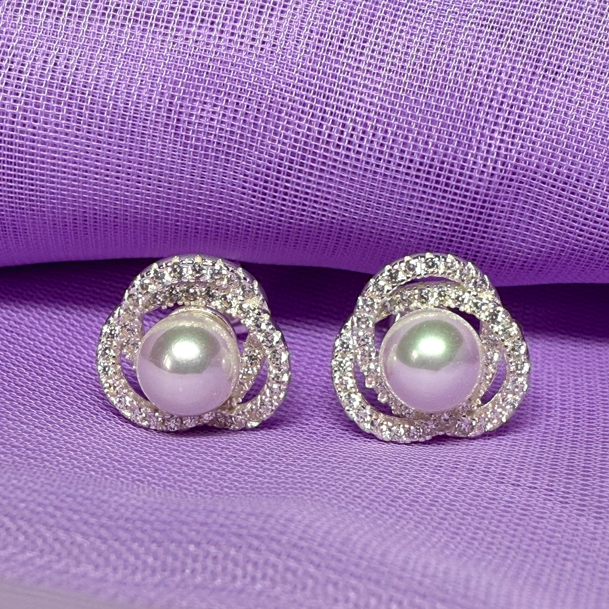 Earrings real freshwater pearl and cubic zirconia trefoil designed sterling silver