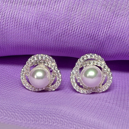 Earrings real freshwater pearl and cubic zirconia trefoil designed sterling silver