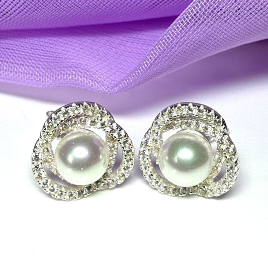 Earrings real freshwater pearl and cubic zirconia trefoil designed sterling silver