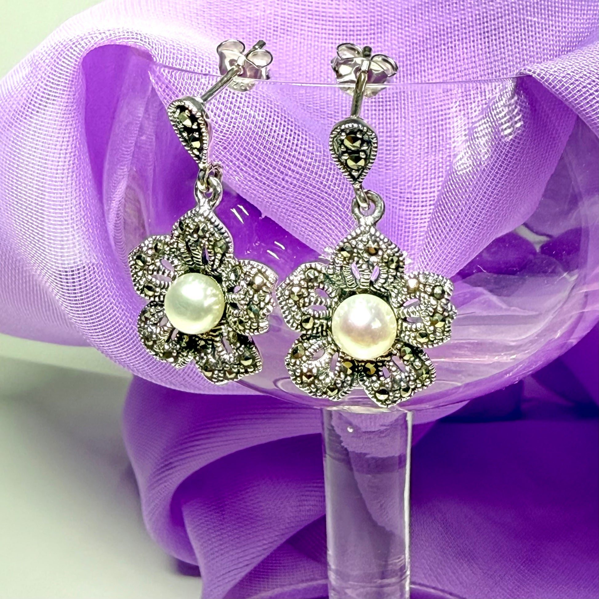Earrings real marcasite and real freshwater cultured pearl flower shaped sterling silver