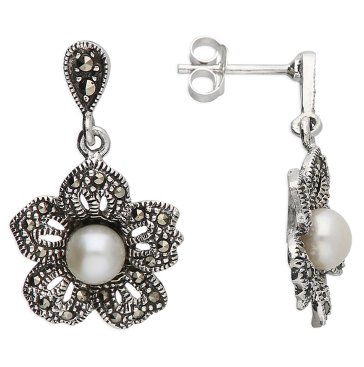 Earrings real marcasite and real freshwater cultured pearl flower shaped sterling silver