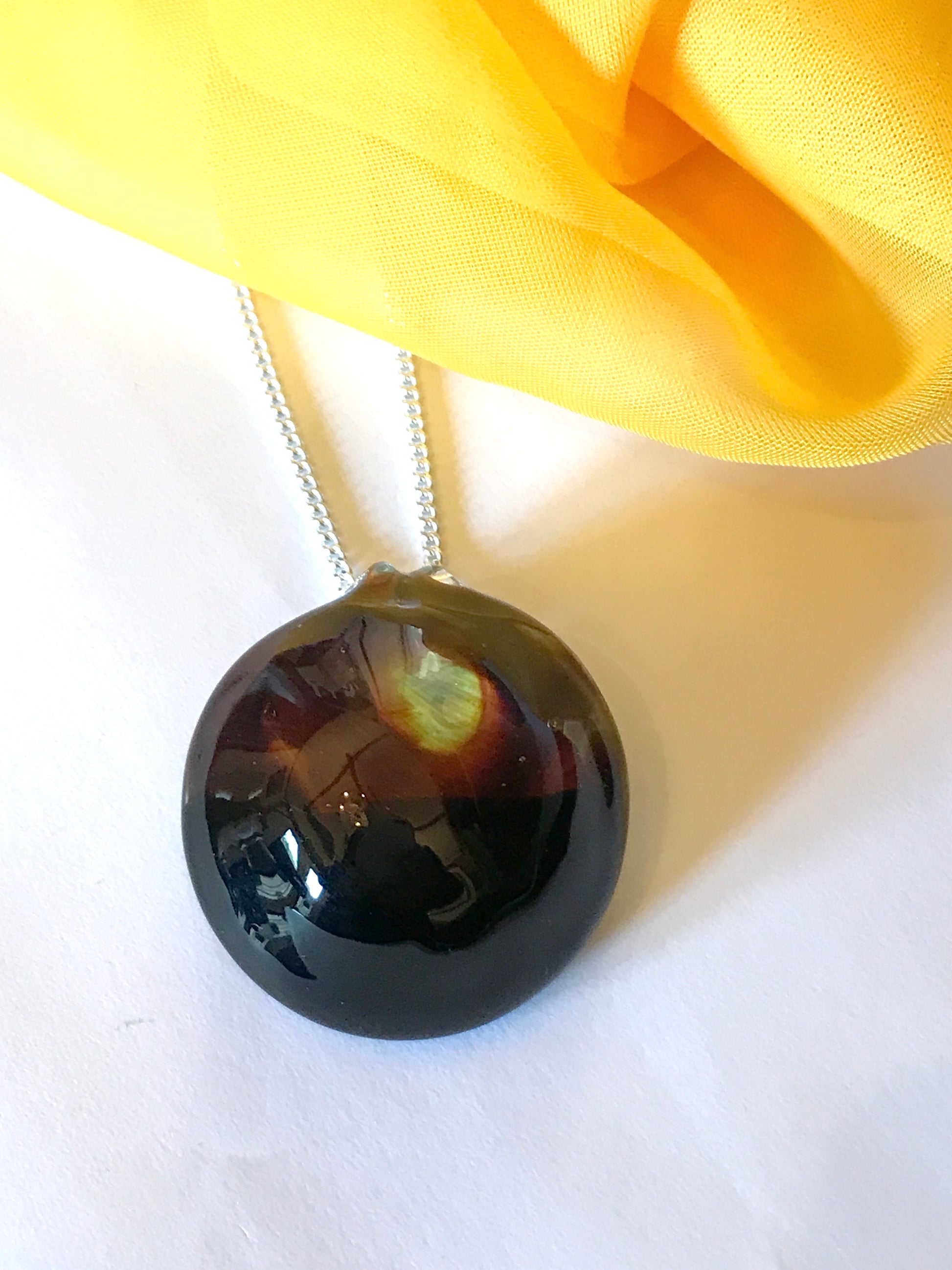 Elegant brown black round real Murano Glass necklace with a sterling silver chain