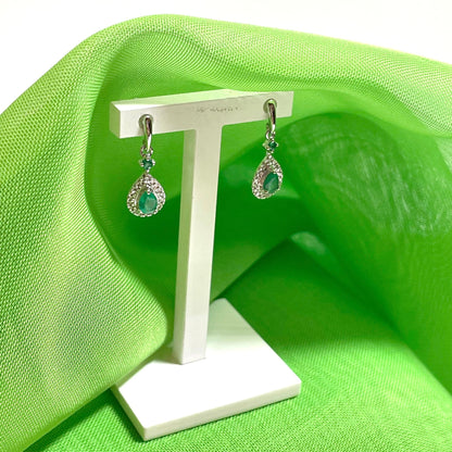 Real emerald and diamond white gold teardrop cluster drop earrings