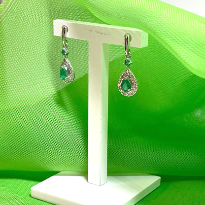 Real emerald and diamond white gold teardrop cluster drop earrings