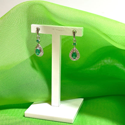 Real emerald and diamond white gold teardrop cluster drop earrings