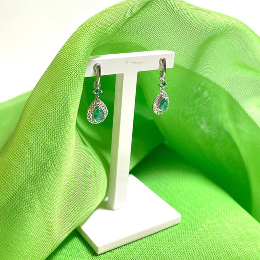 Real emerald and diamond white gold teardrop cluster drop earrings