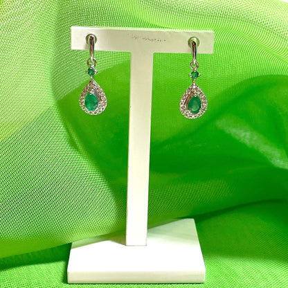 Real emerald and diamond white gold teardrop cluster drop earrings