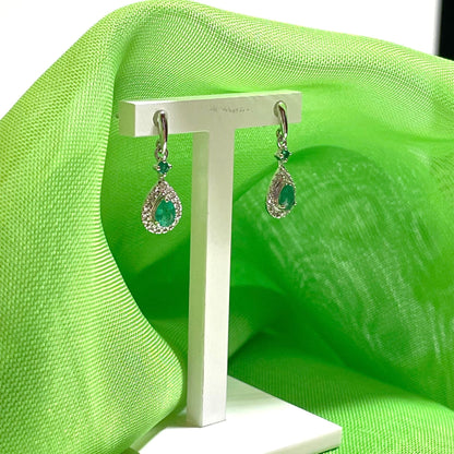 Real emerald and diamond white gold teardrop cluster drop earrings