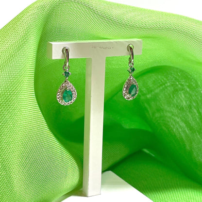 Real emerald and diamond white gold teardrop cluster drop earrings