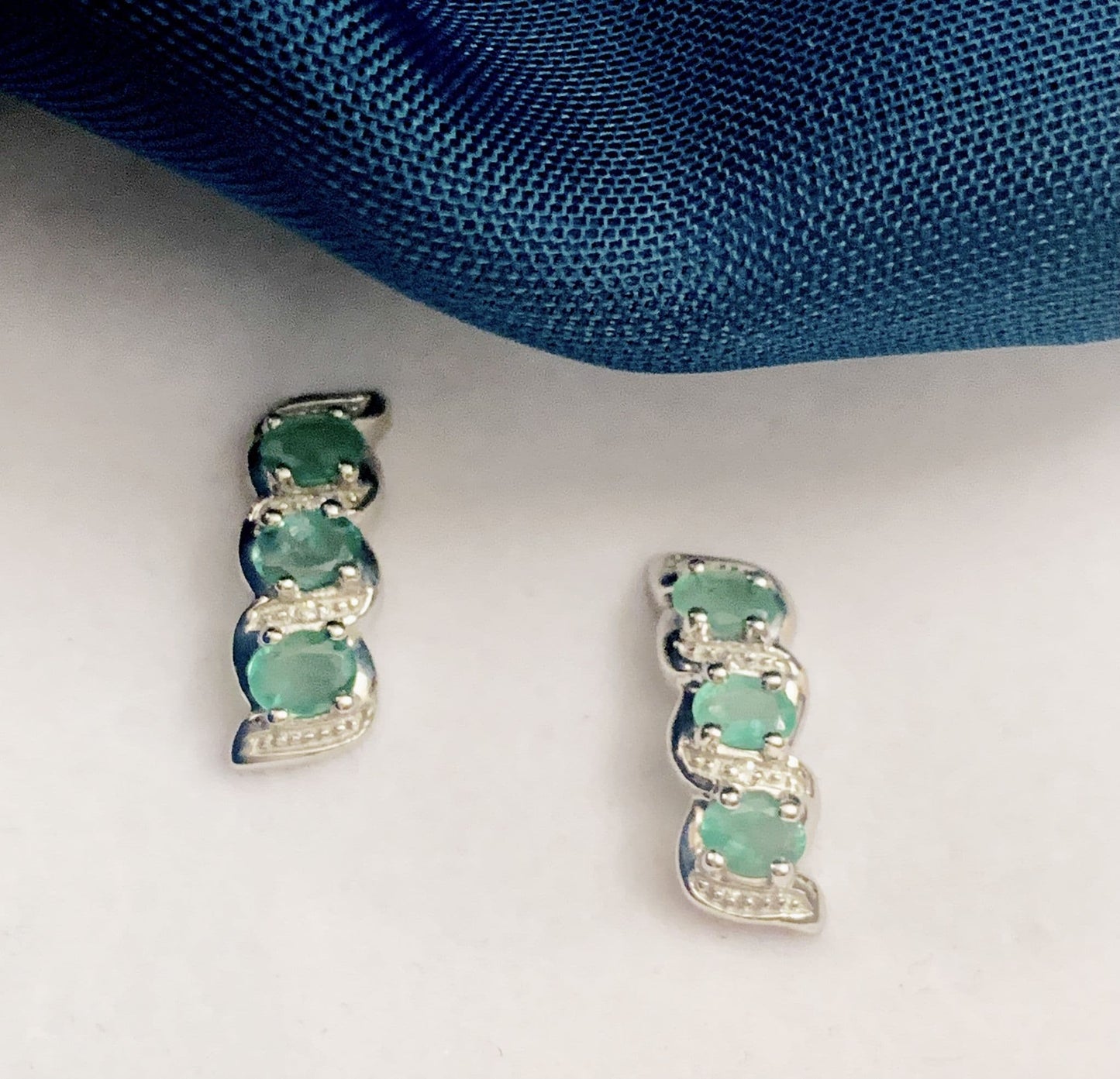 Emerald And Diamond Sterling Silver Green Stud Drop Earrings