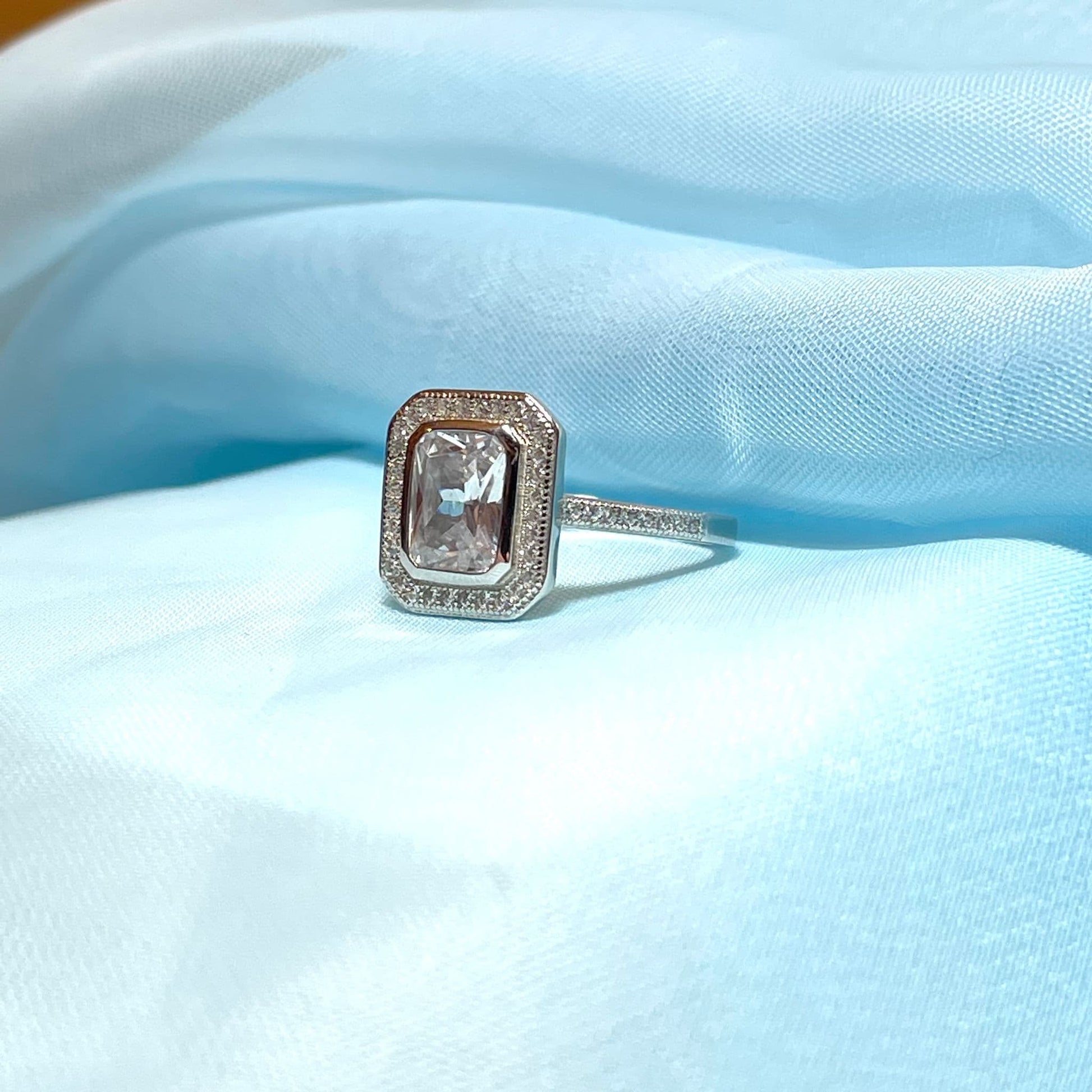 Cubic zirconia sterling silver emerald cut fancy cluster dress ring