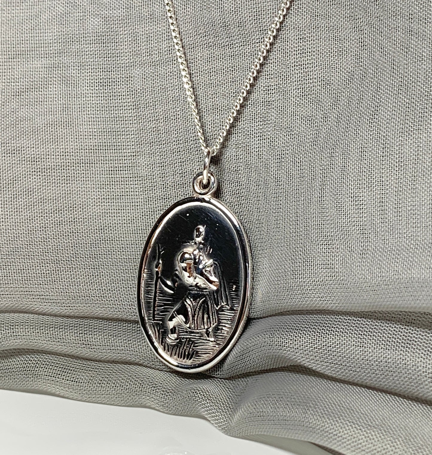 Extra large solid sterling silver oval St. Christopher with chain