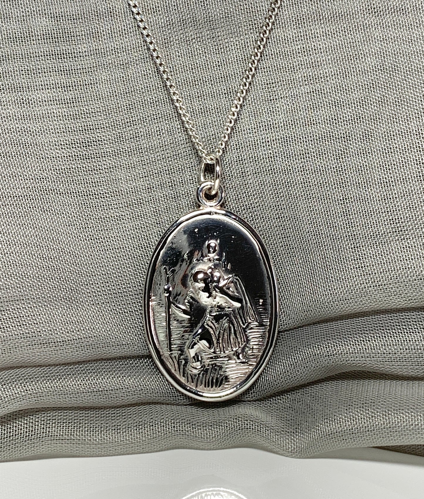 Extra large solid sterling silver oval St. Christopher with chain