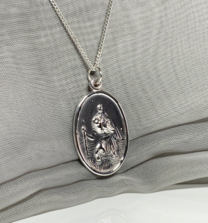 Extra large solid sterling silver oval St. Christopher with chain