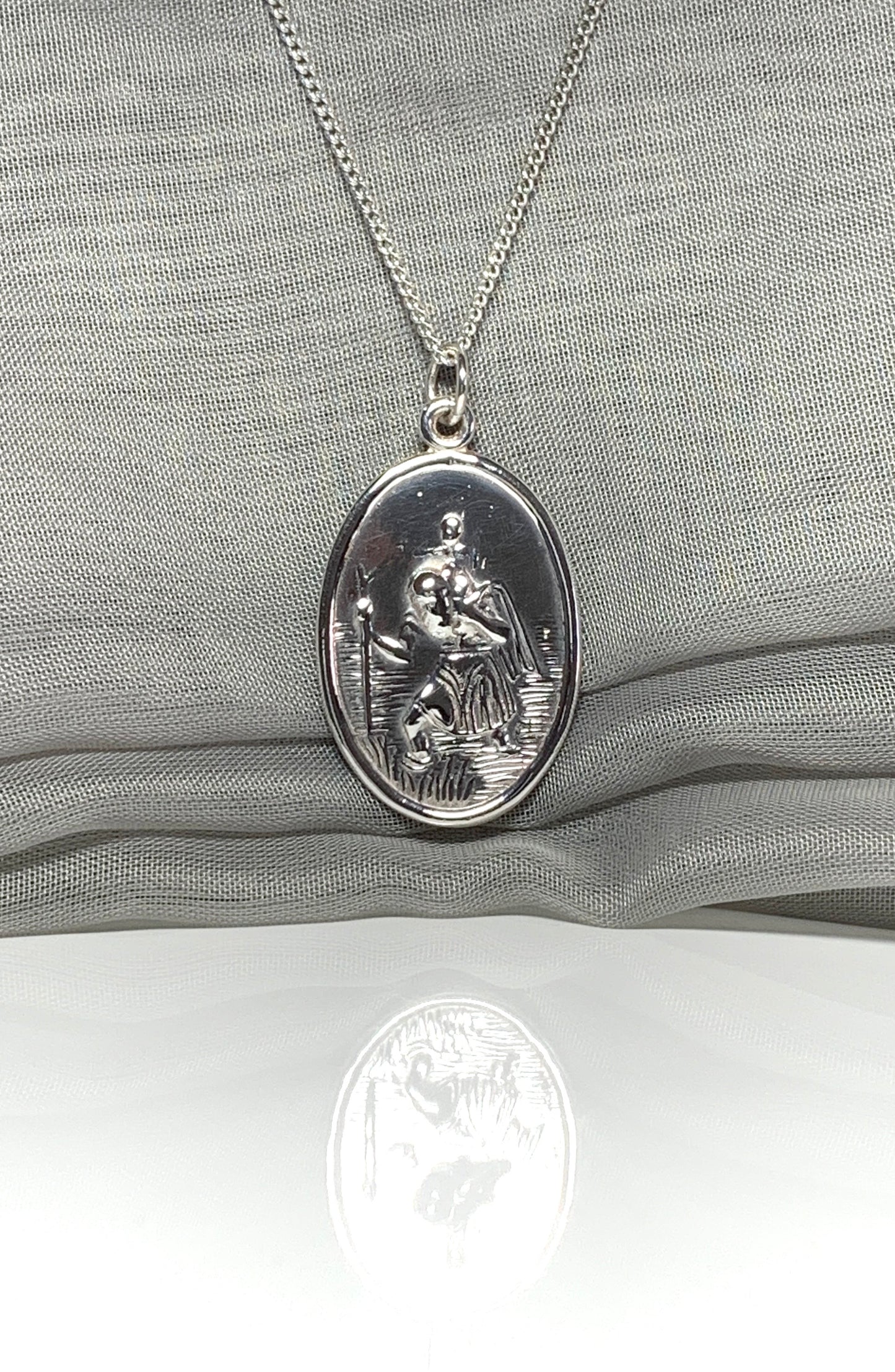 Extra large solid sterling silver oval St. Christopher with chain