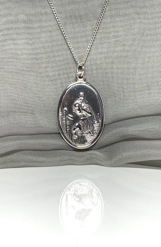 Extra large solid sterling silver oval St. Christopher with chain