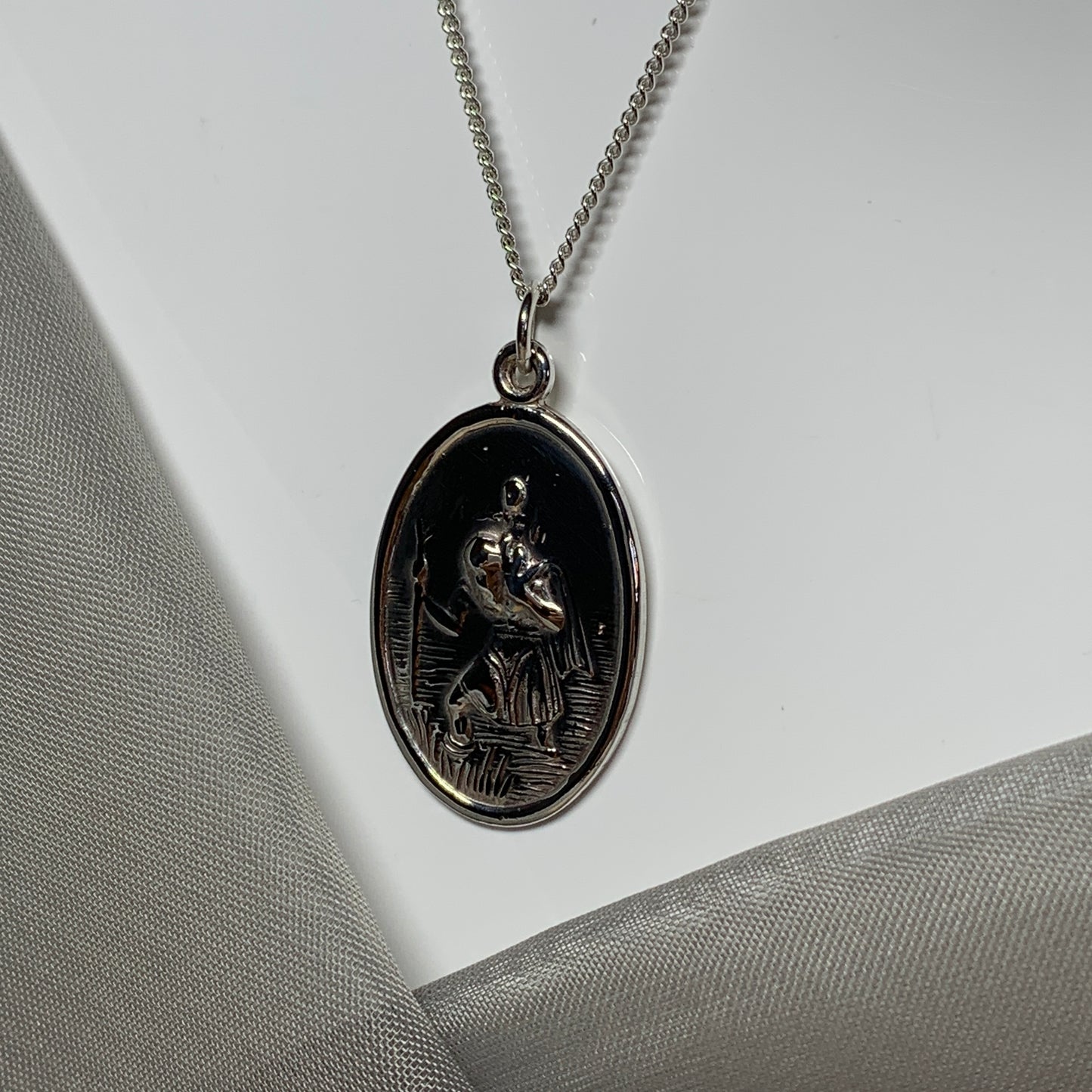 Extra large solid sterling silver oval St. Christopher with chain