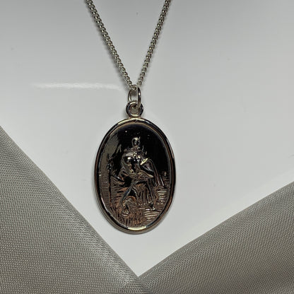 Extra large solid sterling silver oval St. Christopher with chain