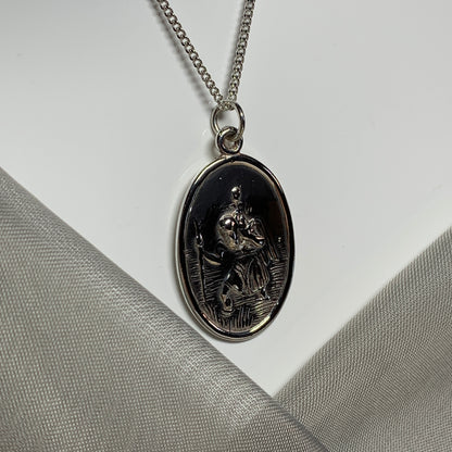 Extra large solid sterling silver oval St. Christopher with chain