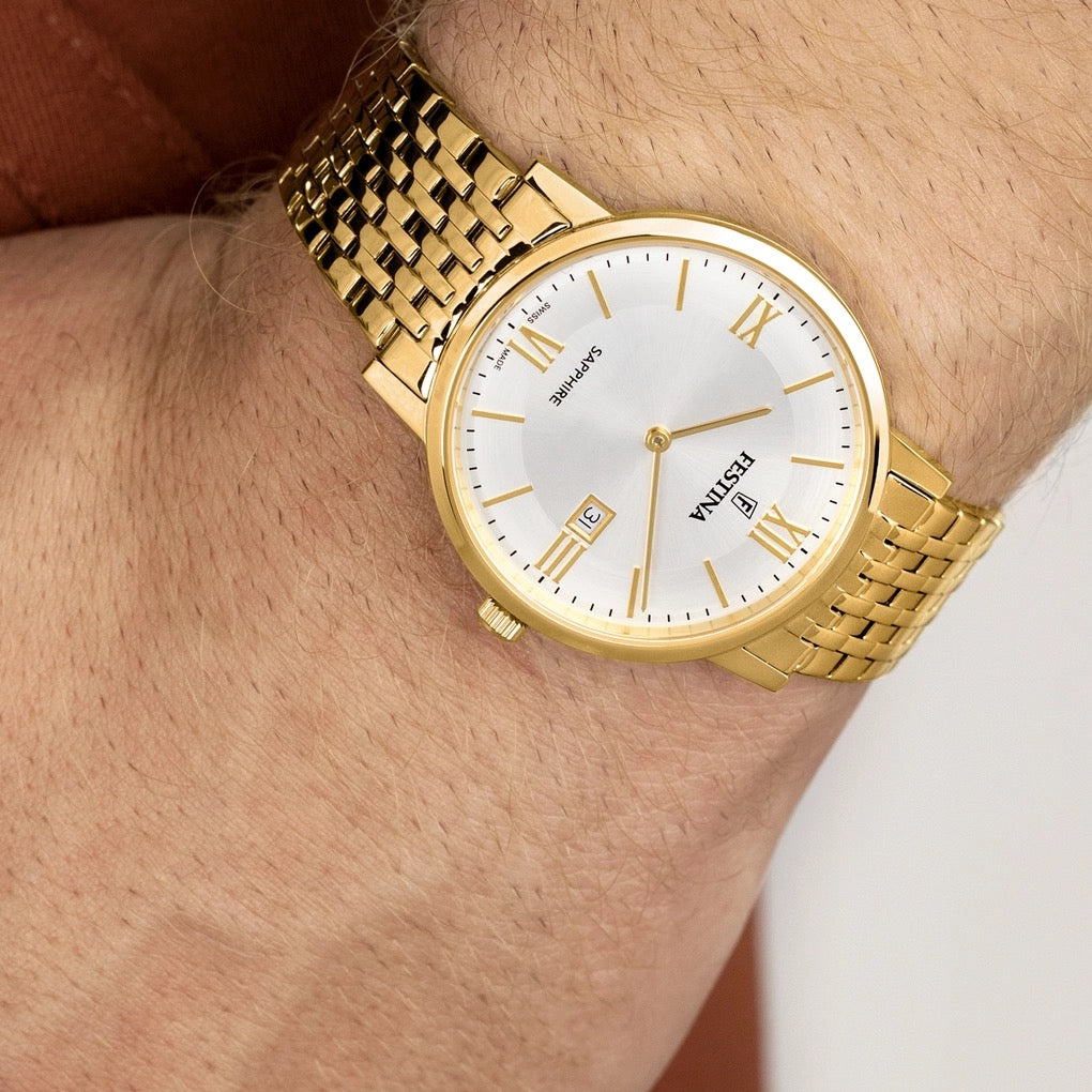 F20020/1 Festina Men's Gold Plated Round Bracelet Watch on the wrist