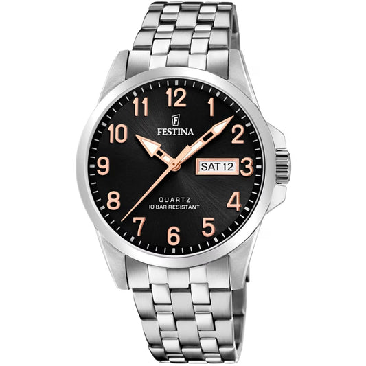 F20357/D Festina Mens Stainless Steel Black And Rose Round Bracelet Watch Day & Date Feature