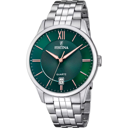 F20425/7 Festina Mens Stainless Steel Green Round Bracelet Watch Date Feature