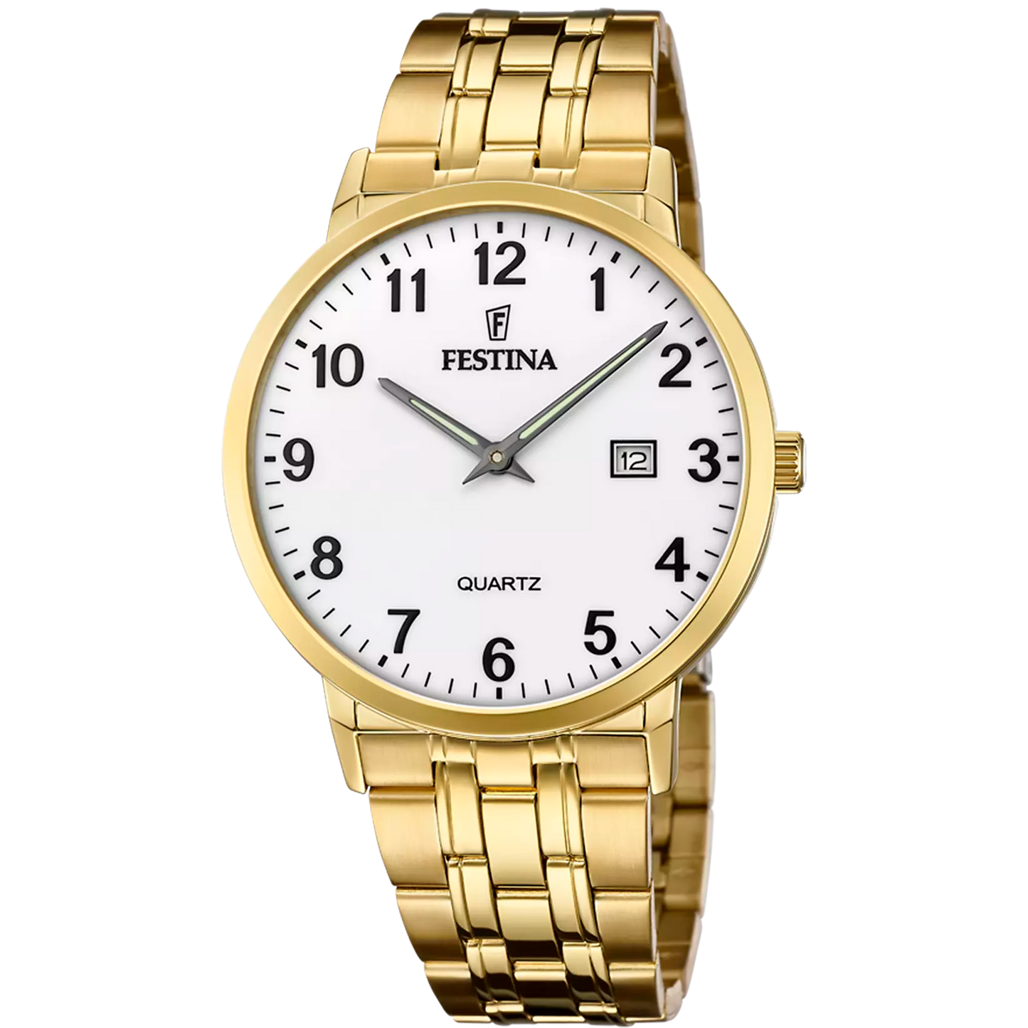 F20513/1 Festina Men’s Gold Plated Bracelet Watch Round White Arabic Clear Dial Date Feature