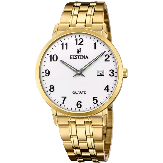 F20513/1 Festina Men’s Gold Plated Bracelet Watch Round White Arabic Clear Dial Date Feature