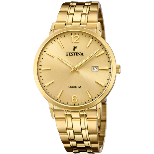 F20513/3 Festina Men’s Gold Plated Bracelet Watch Round Champagne Clear Dial Date Feature