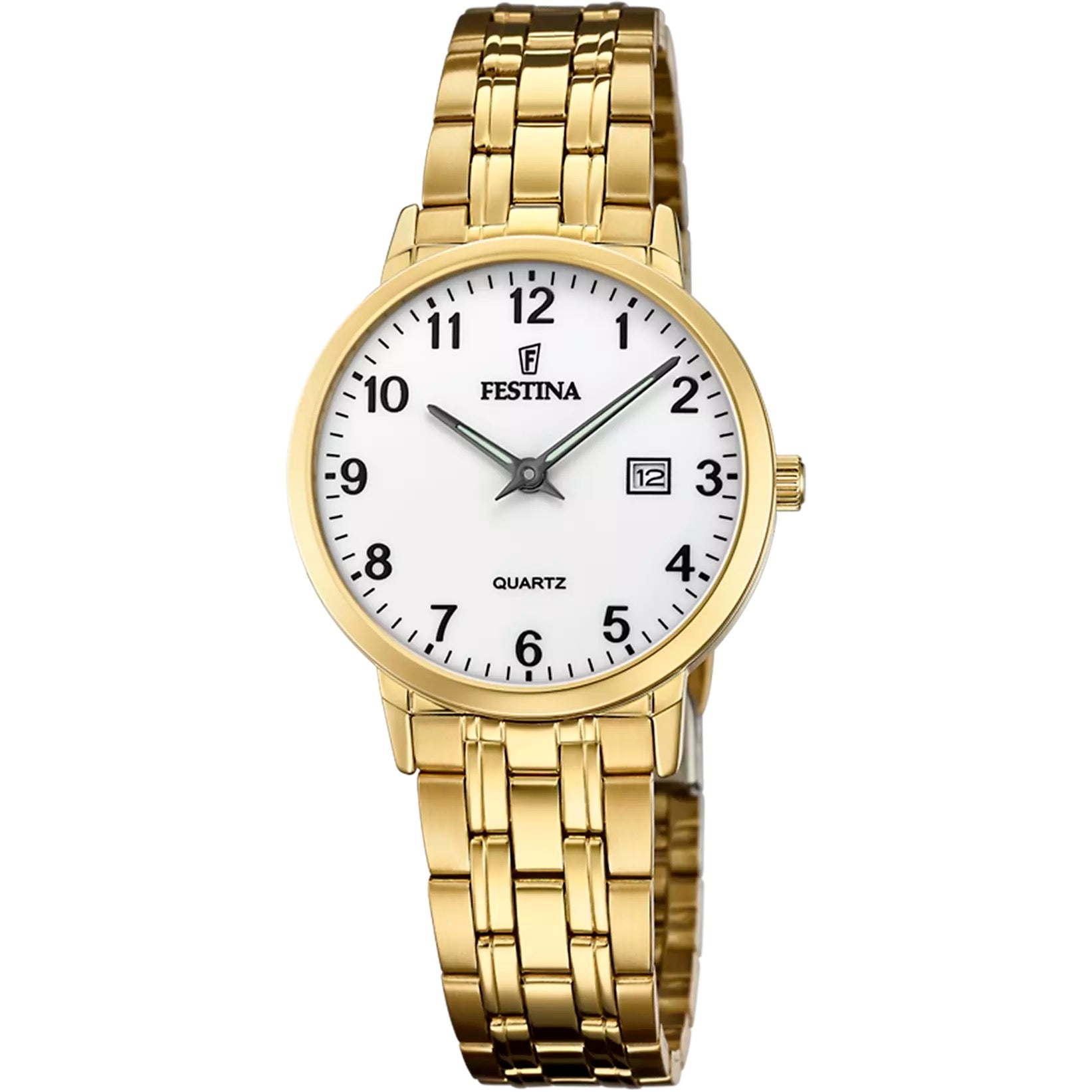 F20514/1 Festina Ladies Gold Plated Bracelet Watch Round White Arabic Clear Dial Date Feature