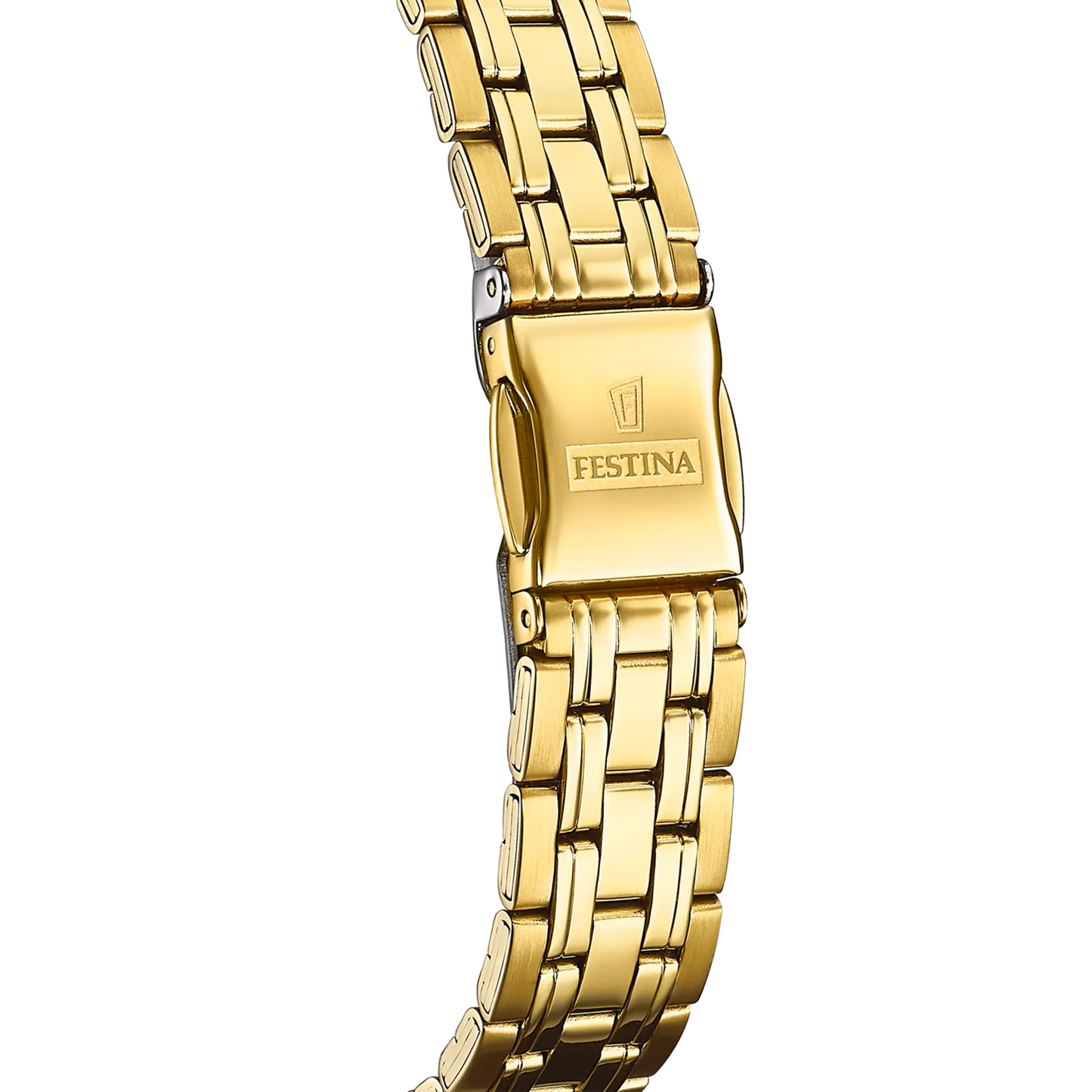 F20514/1 Festina Ladies Gold Plated Bracelet Watch Round White Arabic Clear Dial Date Feature clasp