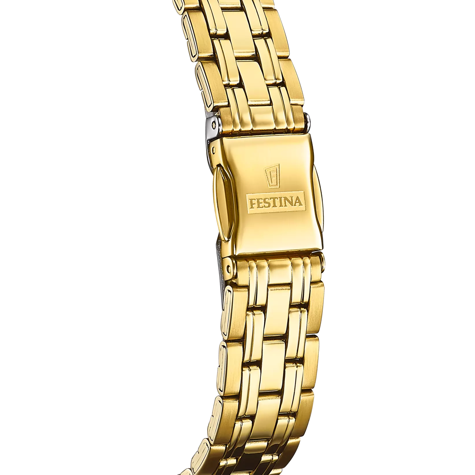 F20514/1 Festina Ladies Gold Plated Bracelet Watch Round White Arabic Clear Dial Date Feature clasp