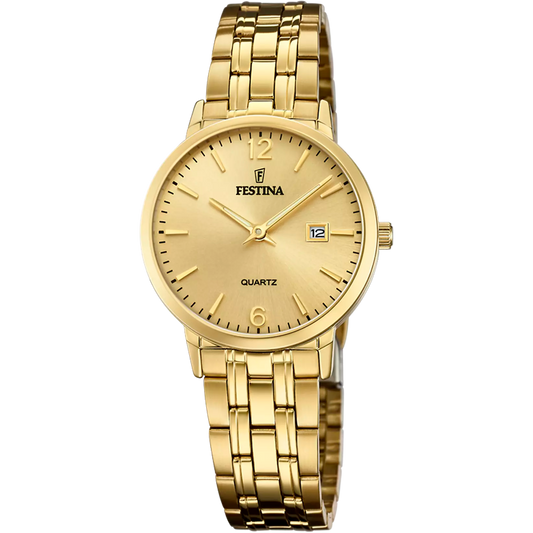 F20514/3 Festina Ladies Gold Plated Bracelet Watch Round Champagne Dial Date Feature