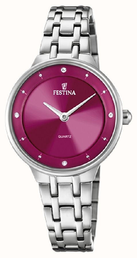 F20600/2 Festina Ladies Bracelet Watch Round Red Pink Swarovski Crystal Set Dial