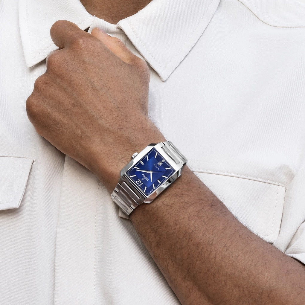 F20677/3 Festina Men's Square Stainless Steel Bracelet Watch Clear Blue Dial on the wrist
