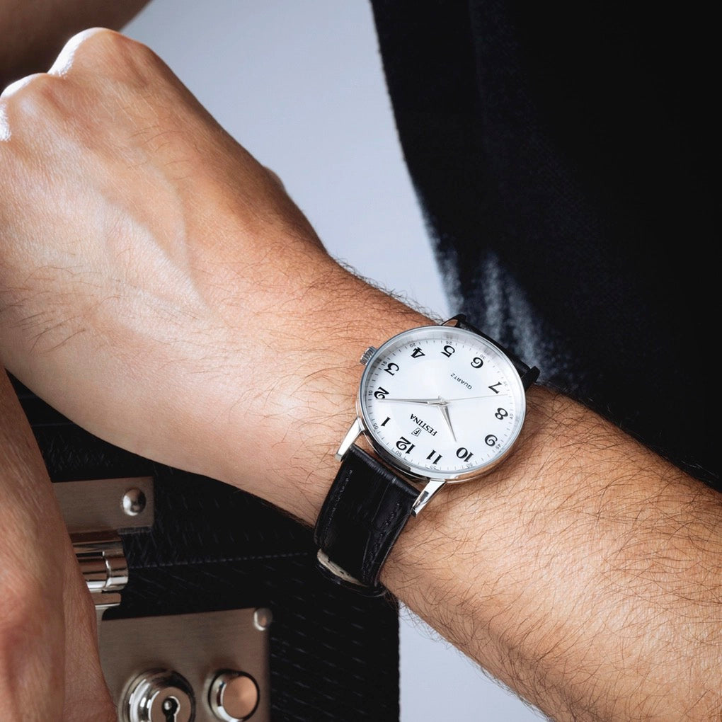 F20690/1 Festina Men's White Round Leather Strap Watch on the wrist