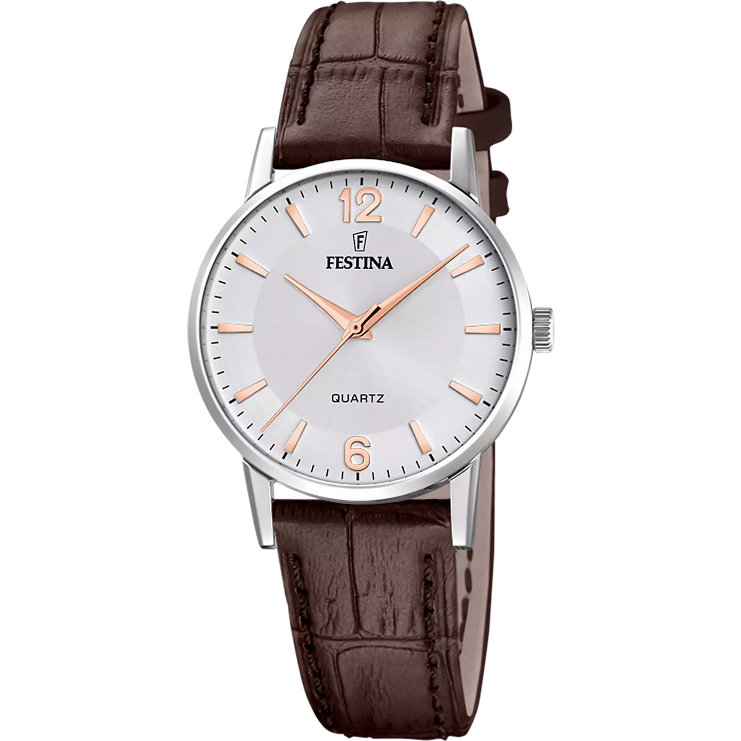F20691/2 Festina Silver Round Ladies Brown Leather Strap Watch