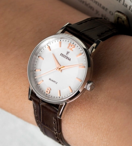 F20691/2 Festina Silver Round Ladies Brown Leather Strap Watch