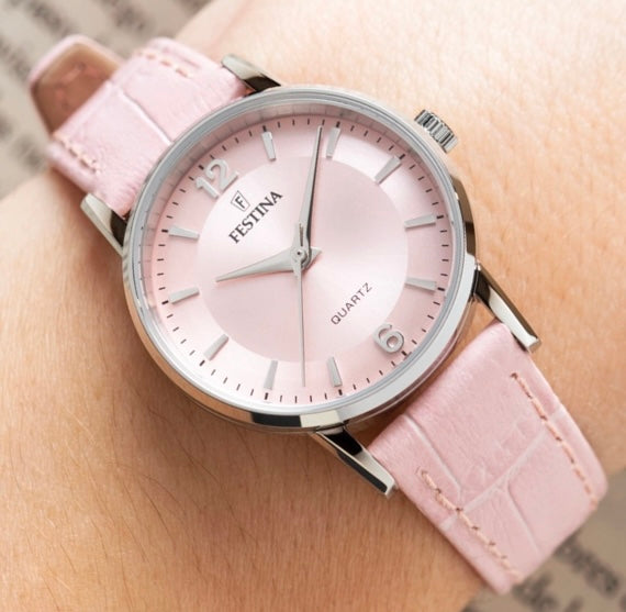 F20691/3 Festina Ladies Pink Dial And Pink Leather Strap Watch