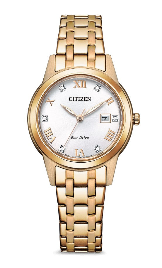 FE1243-83A Citizen Ladies Watch Rose Gold Plated Stainless Steel Eco-drive With Date Feature