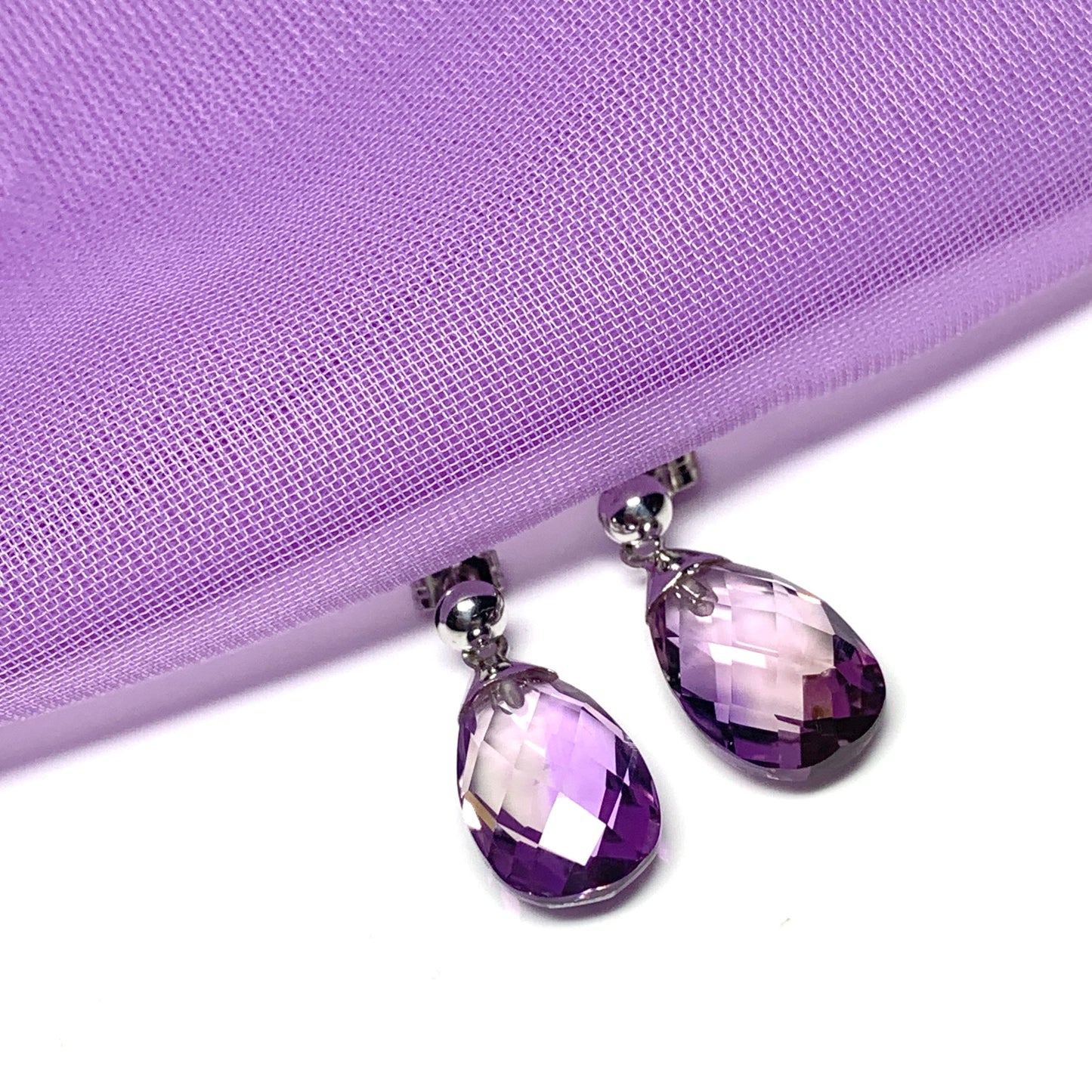 Faceted purple amethyst drop earrings white gold